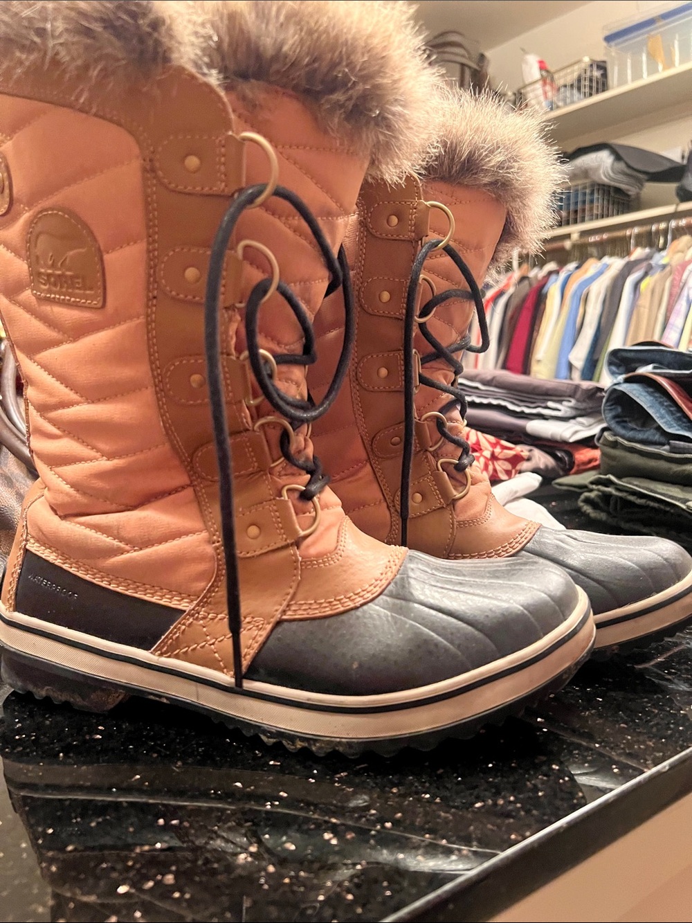 Sorel Tan and Black Waterproof Lace-Up Winter Boots with Faux Fur Collar